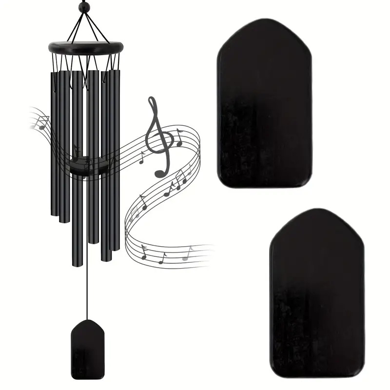 Solid Wood Wind Chime With 6 Black Aluminum Tubes Hanging Decoration