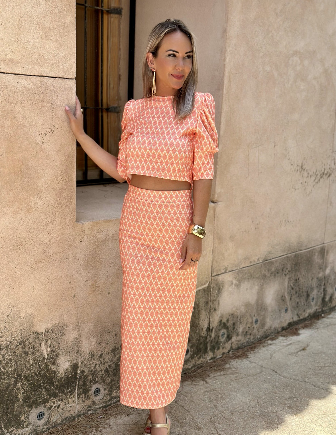 Women's Mid sleeve Cropped Top Floral Print Slit Skirt Suit Orange - Shop at LoveMi