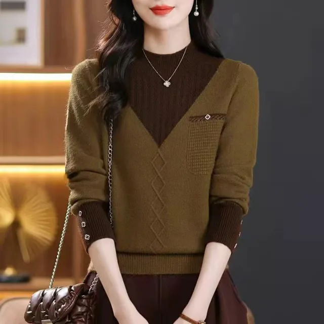 New Thick Sweater Women's Fake Two piece Half Turtleneck Bottoming Top Olive - Shop at LoveMi