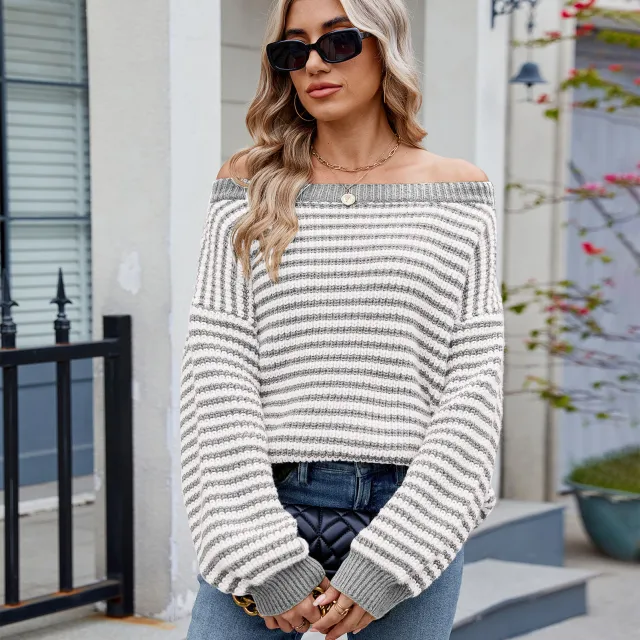 New Stylish Boat neckline Knit Sweater Striped Contrast color Sweater Silver Gray - Shop at LoveMi