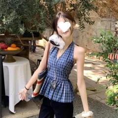 Retro Plaid V-neck Lace-up Halter Sleeveless Shirt - Blue Plaid - View 1