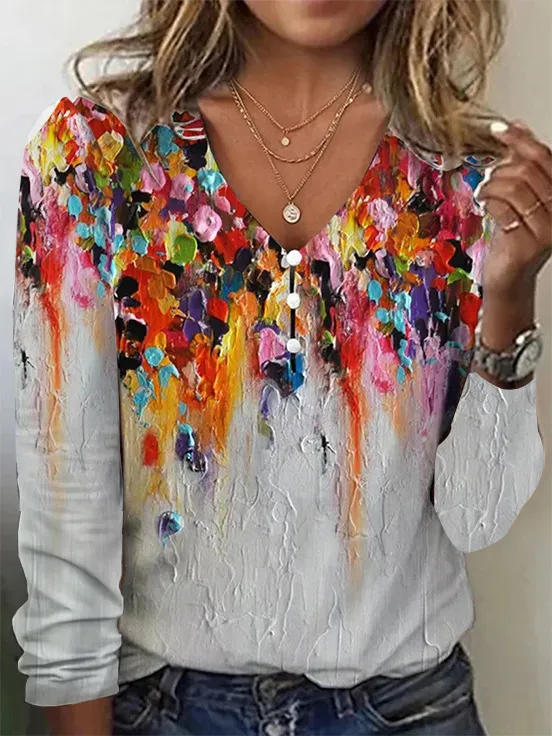V neck Starry Sky Tie dyed Pearl Button T shirt With Long Sleeves Hoodie Gray - Shop at LoveMi