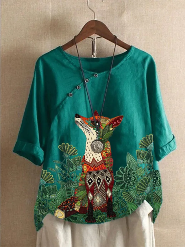 Wolf Head Printed Cotton And Linen T shirt Green - Shop at LoveMi