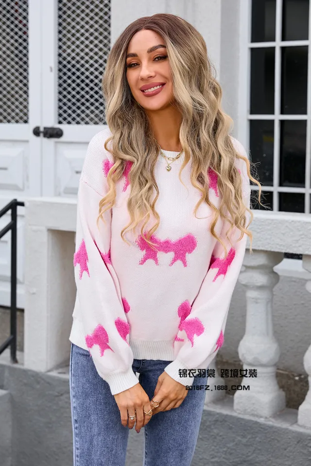 Women's Round collar Long sleeve Knitwear Bow Sweater Rose Red - Shop at LoveMi