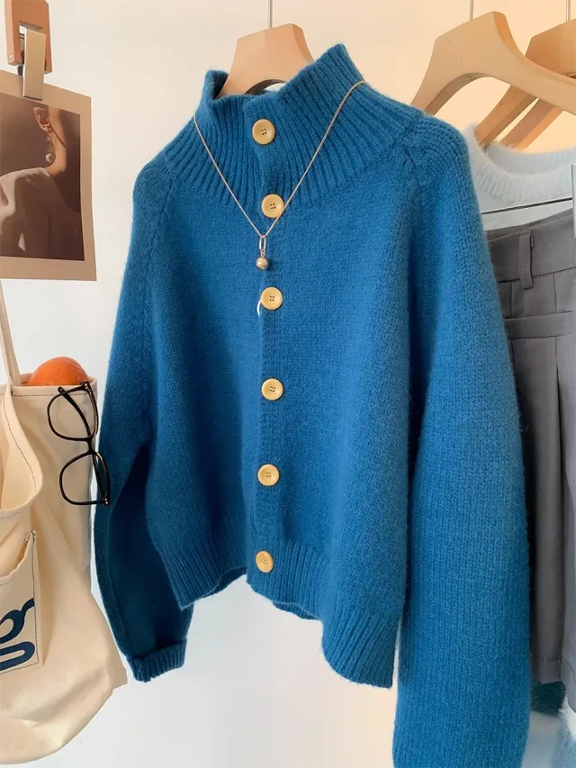 High Collar Soft Glutinous Cropped Sweater Coat Blue - Shop at LoveMi