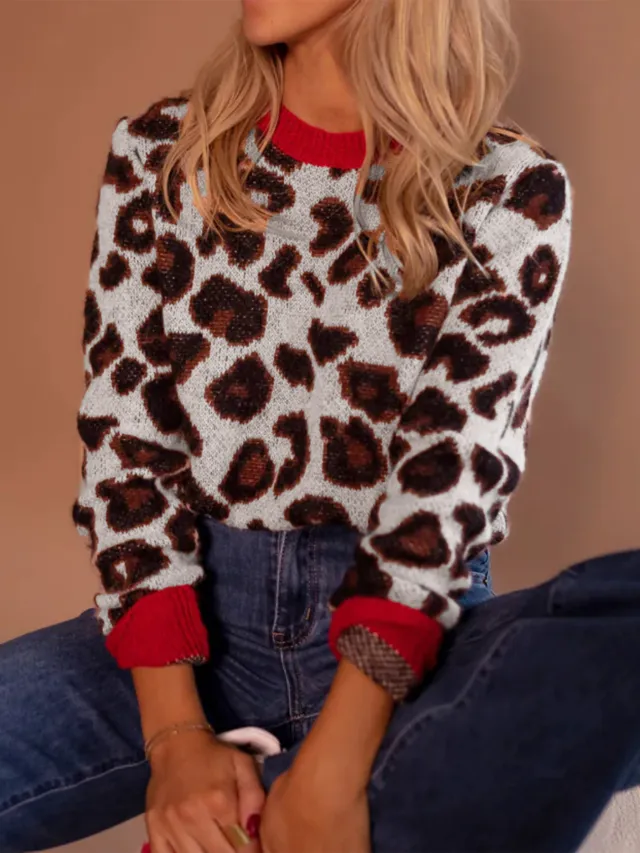 Contrast Color Leopard Jacquard Long sleeved Knitted Sweater Khaki - Shop at LoveMi