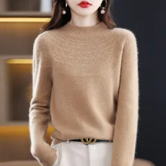 Front Line Ready-made Garments Half-collar Wool Sweater Women's Inner Wearing Hollow-out Loose Knitted Base - Golden Camel - View 1