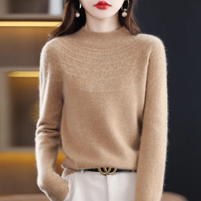 Front Line Ready made Garments Half collar Wool Sweater Women's Inner Wearing Hollow out Loose Knitted Base Golden Camel - Shop at LoveMi