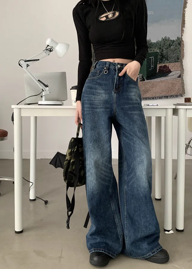 Washed All match Loose Wide Leg Mop Blue - Shop at LoveMi