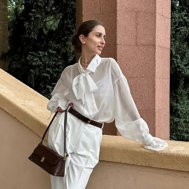Bow Tie See through Crepe Bell Sleeve Shirt White - Shop at LoveMi