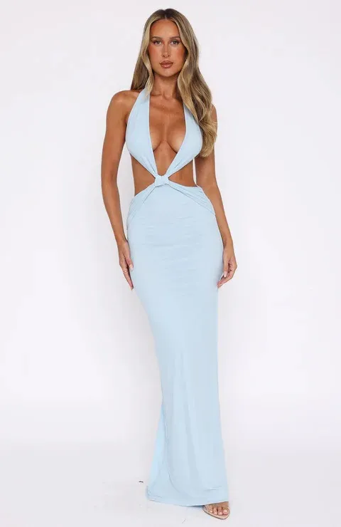 Deep V Midriff Outfit Backless Dress Blue - Shop at LoveMi