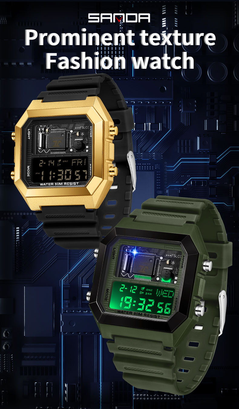 Sanda 6216 Square Waterproof Sports Digital watch for Men Students