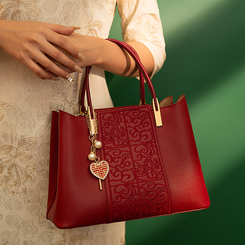 Embroidered Red High-Capacity Tote Bag