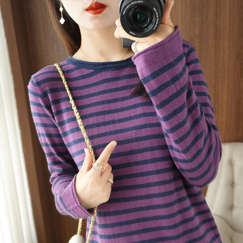 Women's Contrast Color Striped Curling With Round Neck Combed Cotton Sweater Sweater Simple Loose Youthful-looking Bottoming Shirt