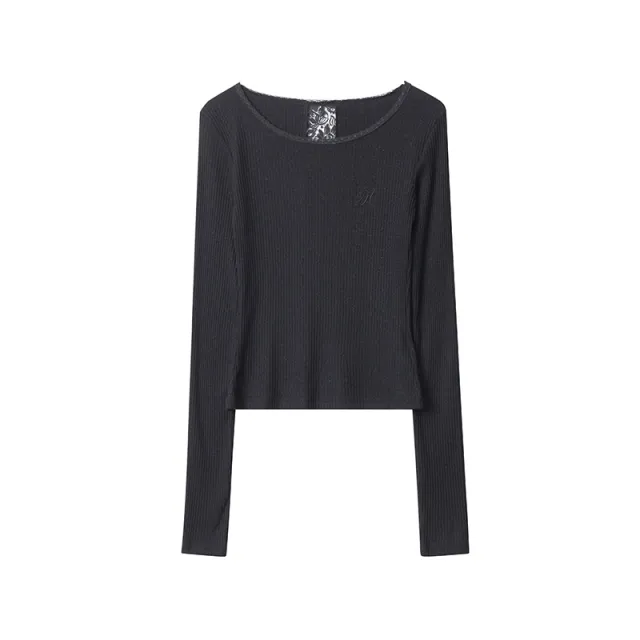 Round Neck Long Sleeve Top Striped Lace Design Thin Slim Fit Black - Shop at LoveMi