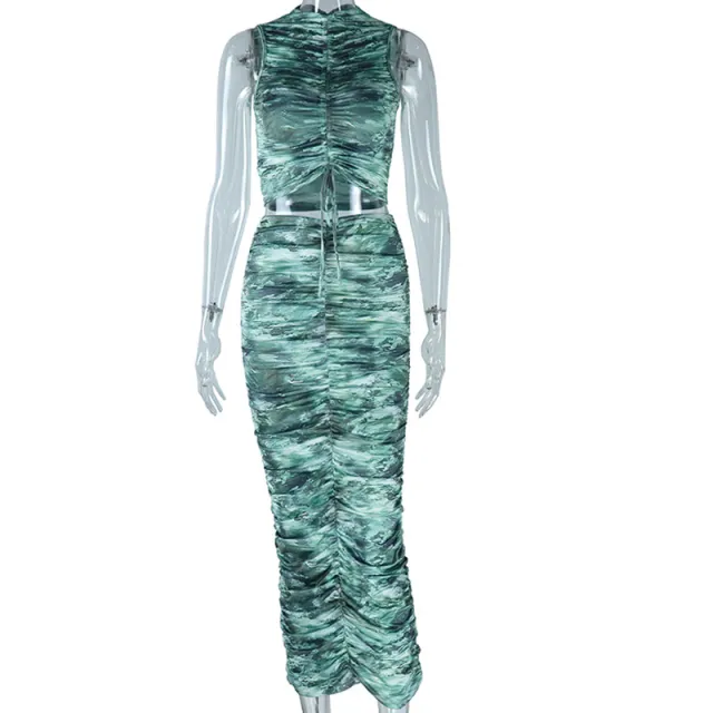 Printed Sleeveless Pullover Top With Drawstring Paired With A Skirttwo piece Set Green - Shop at LoveMi