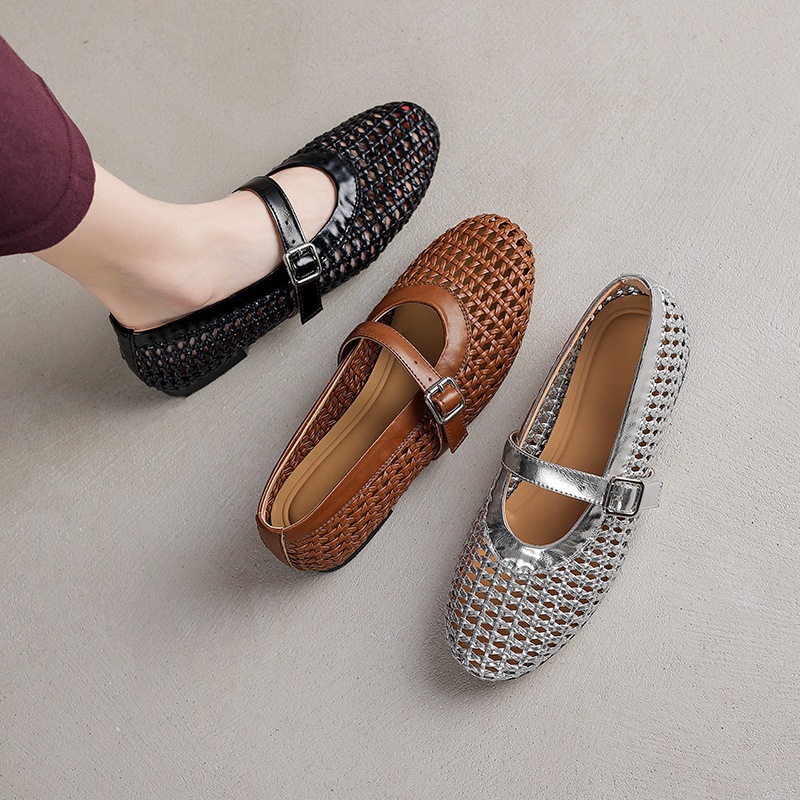 Woven Single-strap Hollow-out Flat Sandals For Women