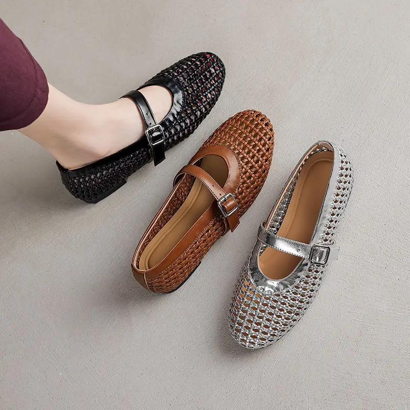 Woven Single-strap Hollow-out Flat Sandals For Women
