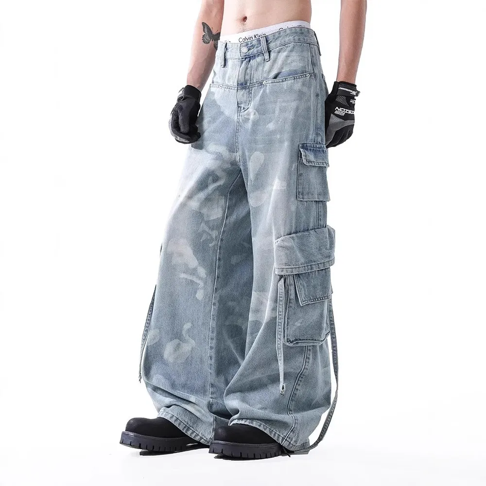 American Retro Tie-dyed Denim Overalls - Blue