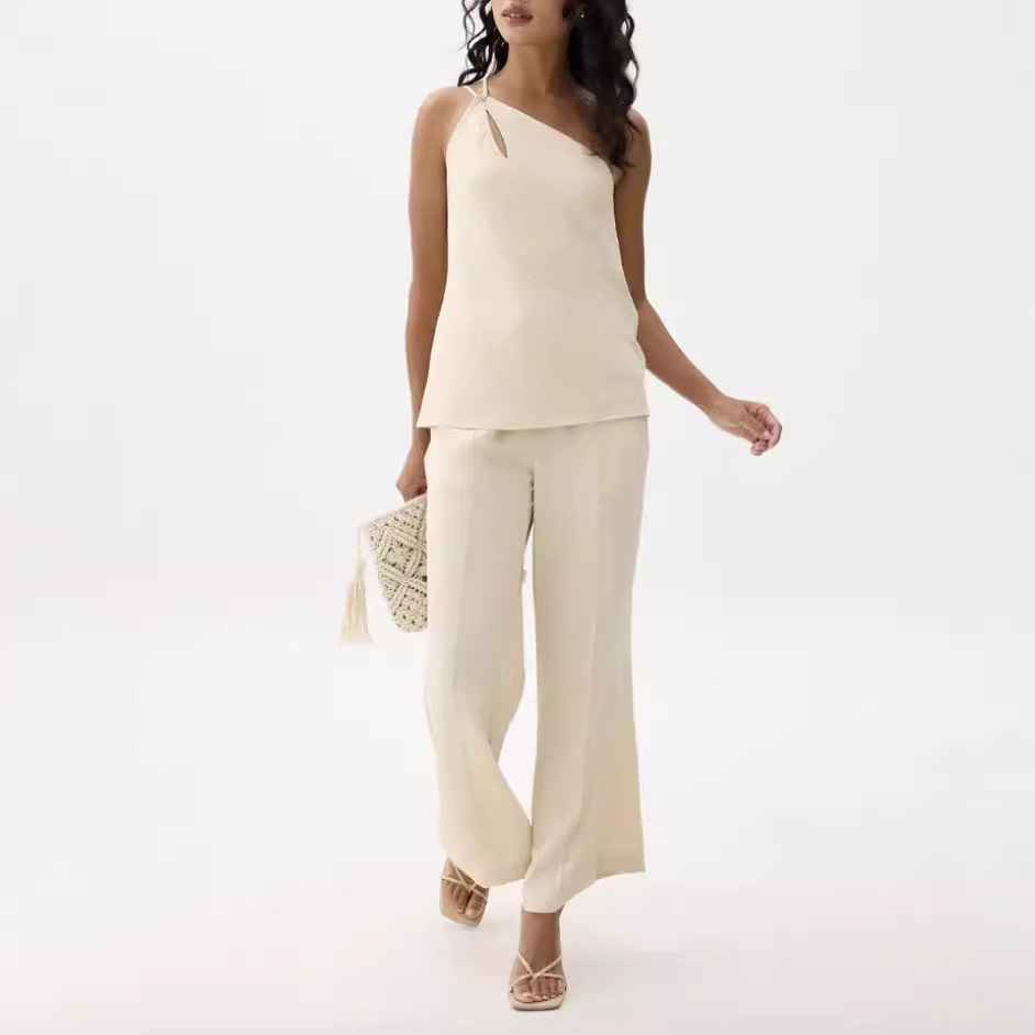 Solid Color Elegant Outfit Sleeveless Irregular Vest Top Straight-leg Pants Women's Clothing