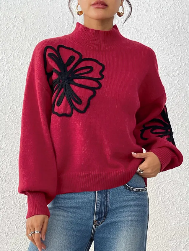 Women's Three dimensional Ribbon Embroidery Flower Mock Neck Sweater Red - Shop at LoveMi