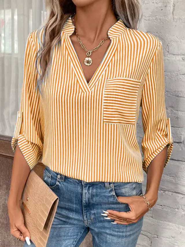 Women's V neck Pullover Striped Printed Long Sleeves Casual Shirt Yellow - Shop at LoveMi