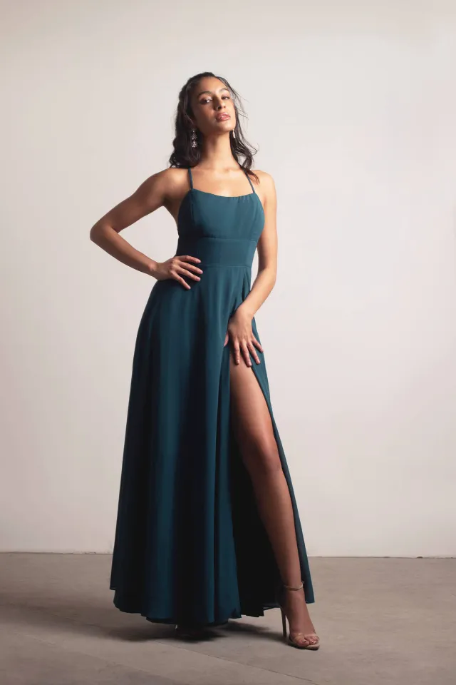 Cross strap Backless Maxi Dress With A High Slit And Solid Color Green - Shop at LoveMi