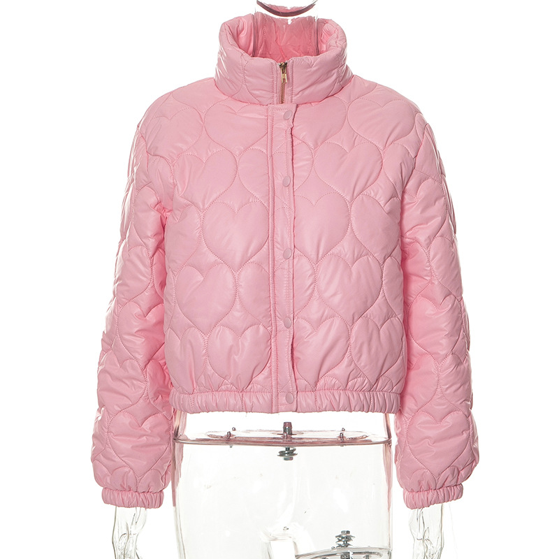 Women's Winter Solid Color Stand Collar Long sleeve T shirt Fashionable Warm Cotton padded Coat Pink - Shop at LoveMi