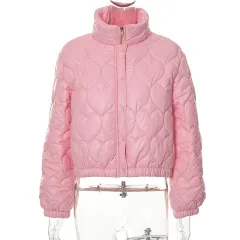 Women's Winter Solid Colour Stand Collar Long-sleeve T-shirt Fashionable Warm Cotton-padded Coat - Pink - View 1