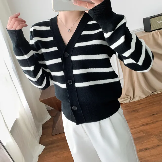 Single Row Three Buckle Stripe Women's Knitwear New V neck Sweater Coat Black - Shop at LoveMi