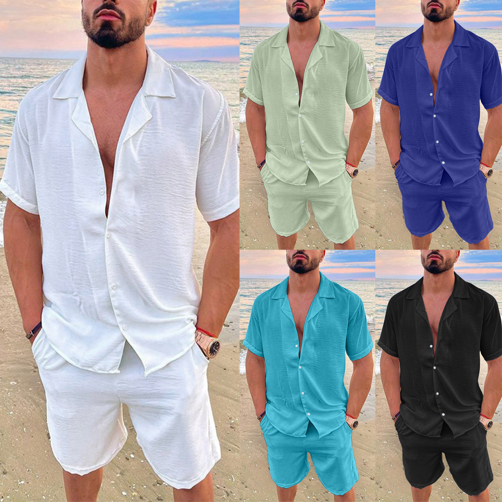 Mens Summer Lapel Shirt And Shorts Set