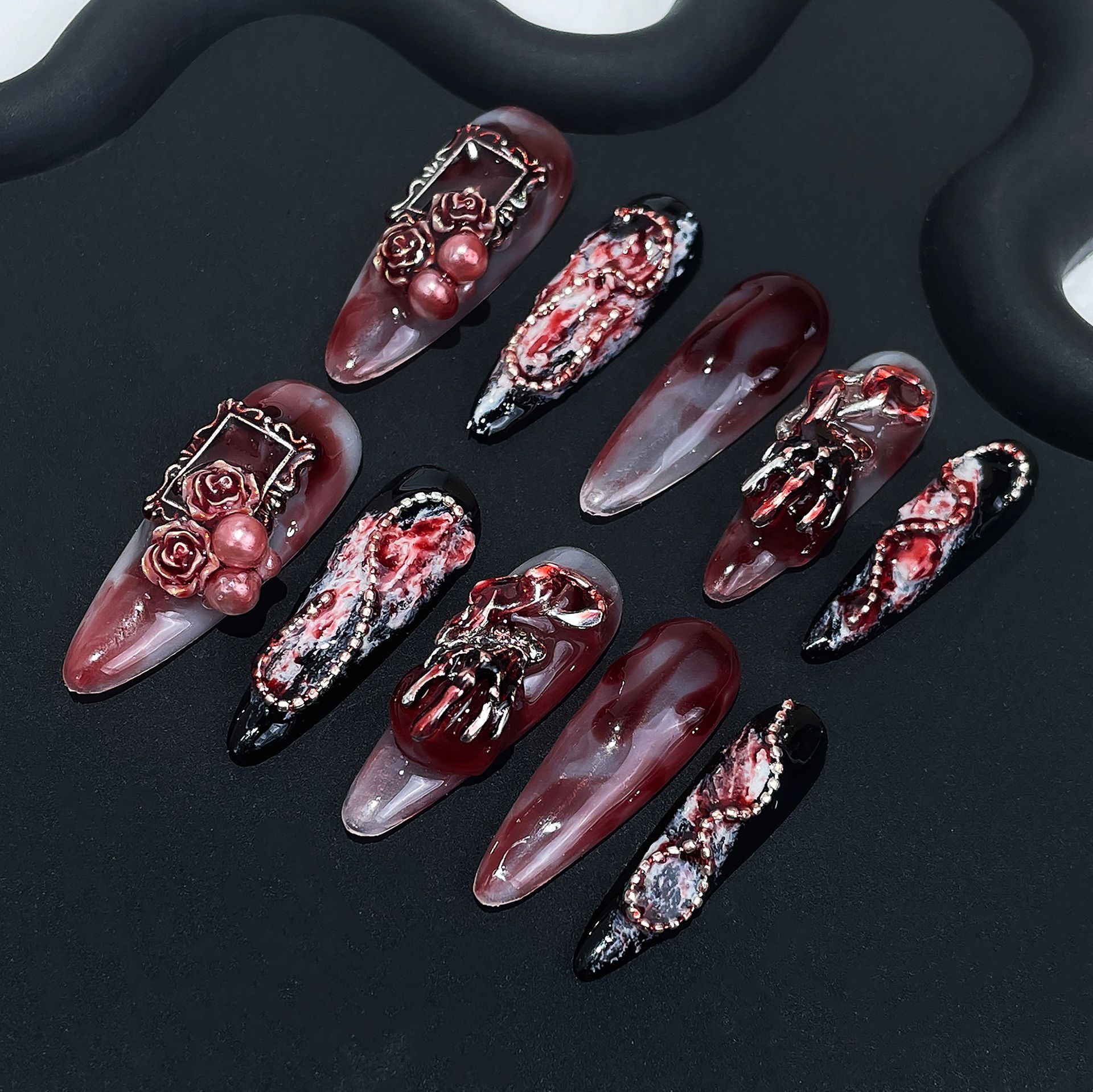 Dark-style Blood-stained Rose Handmade Wearable Nails