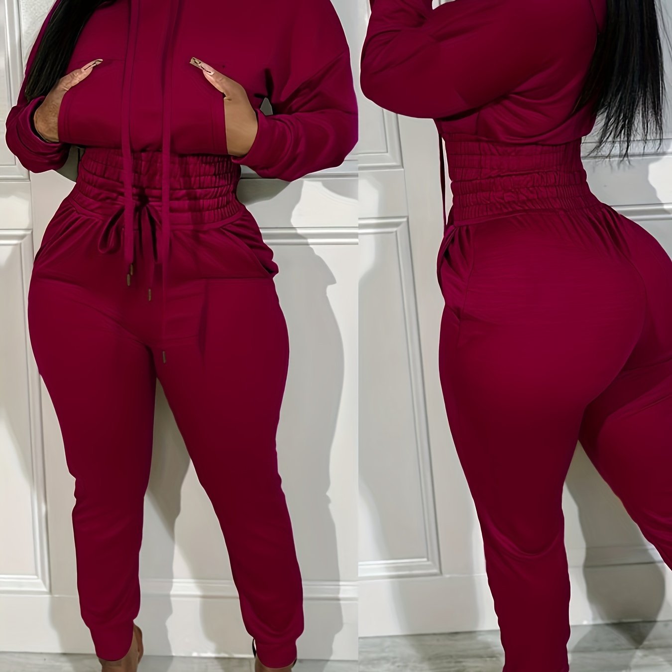 Girdle Casual Hoodie And Cuff Jogging Sweatpants Burgundy - Shop at LoveMi