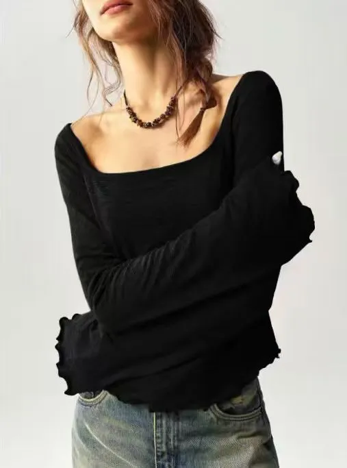 Womens Casual Solid Color Knitted Top With A Square Neck And Flared Sleeves Black - Shop at LoveMi