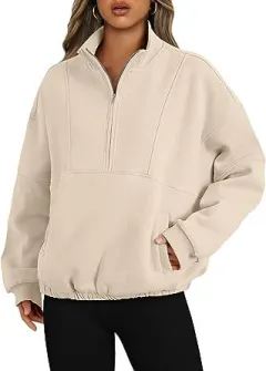 Fashion Polyester Sweater Sports Casual Women's Zipper Pocket - Cream - View 1