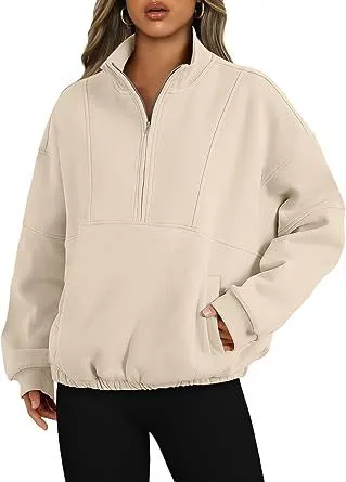 Fashion Polyester Sweater Sports Casual Women's Zipper Pocket Cream - Shop at LoveMi