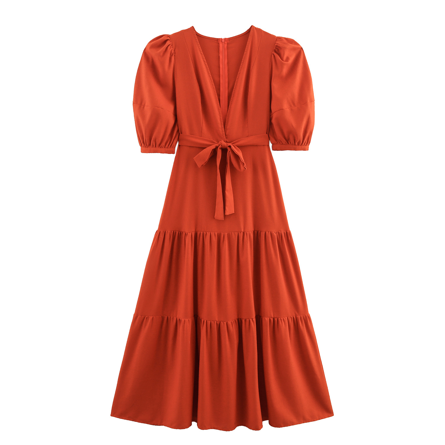 V neck Elegant Stitching Short Sleeve Dress Tight Waist French Style Red - Shop at LoveMi