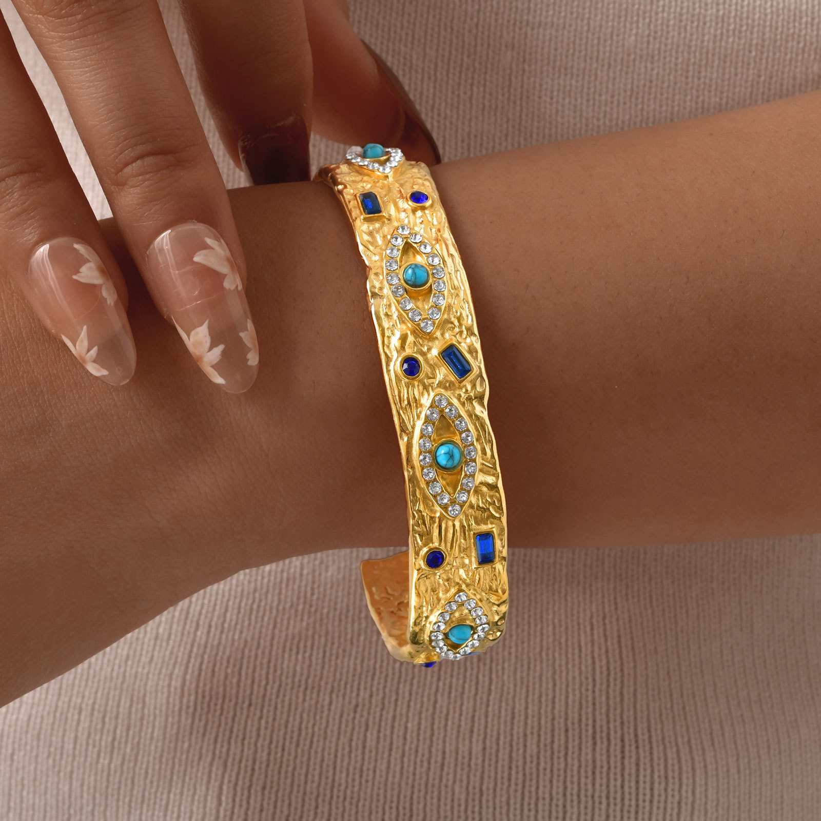 Stainless Steel Zircon Turquoise Eye Open Bracelet In Gold Color 9ed56d00 273c 46ca 86e7 78eb0b7b5027