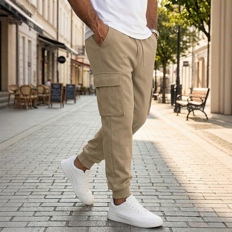 Mens Casual Workwear Pants With Multiple Pockets And A Drawstring