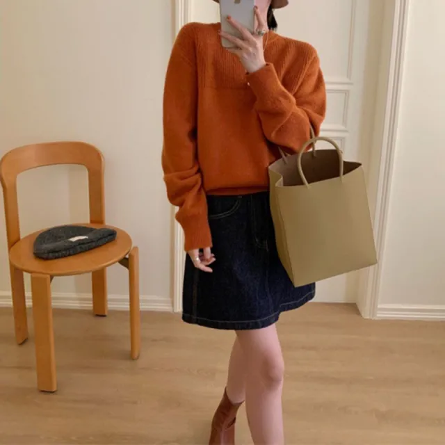 Pullover Women's Round Neck Loose Knitted Top Orange - Shop at LoveMi