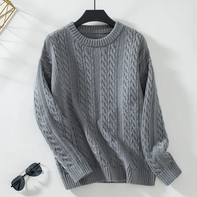 Women's Casual Solid Color Round Neck Loose Retro Sweater Gray - Shop at LoveMi