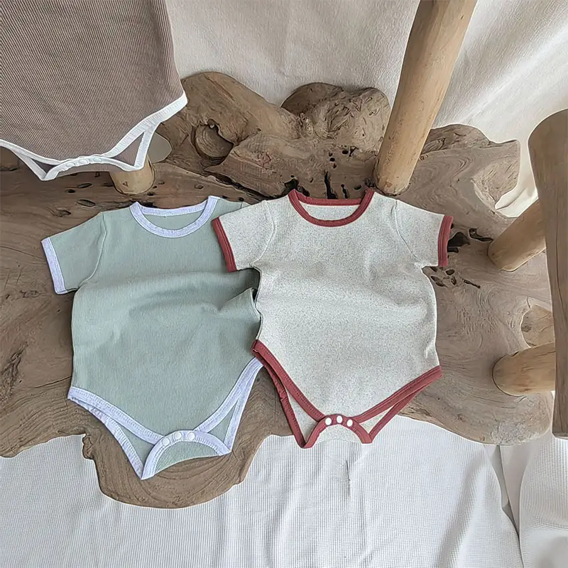 Infant Short Sleeve Cotton Sunken Stripe Color Matching Jumpsuit