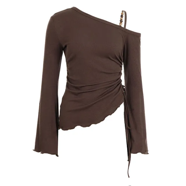 Off shoulder Irregularly Drawstring Cropped Spicy girl Top Brown - Shop at LoveMi