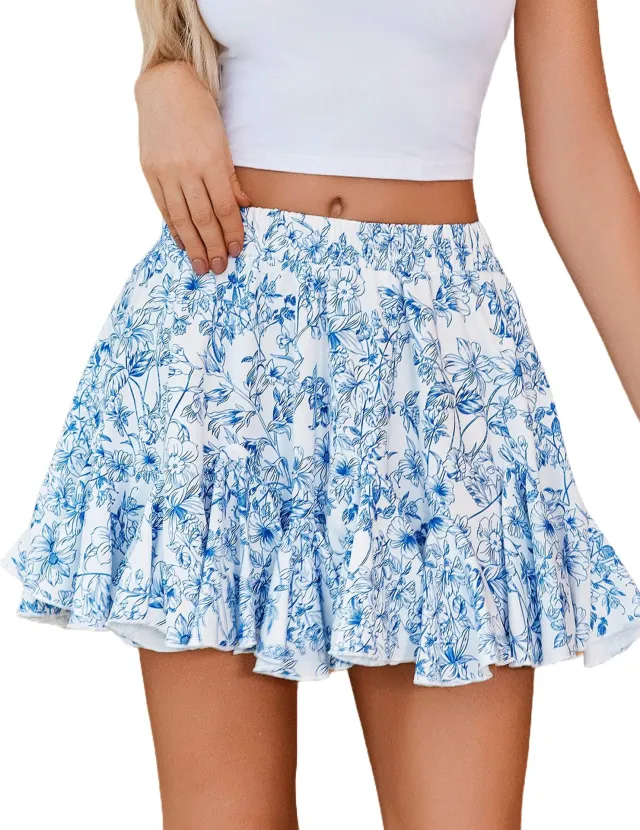 European And American Bohemian Sports Holiday Floral Casual Ruffled Mini Skirt Blue And White - Shop at LoveMi