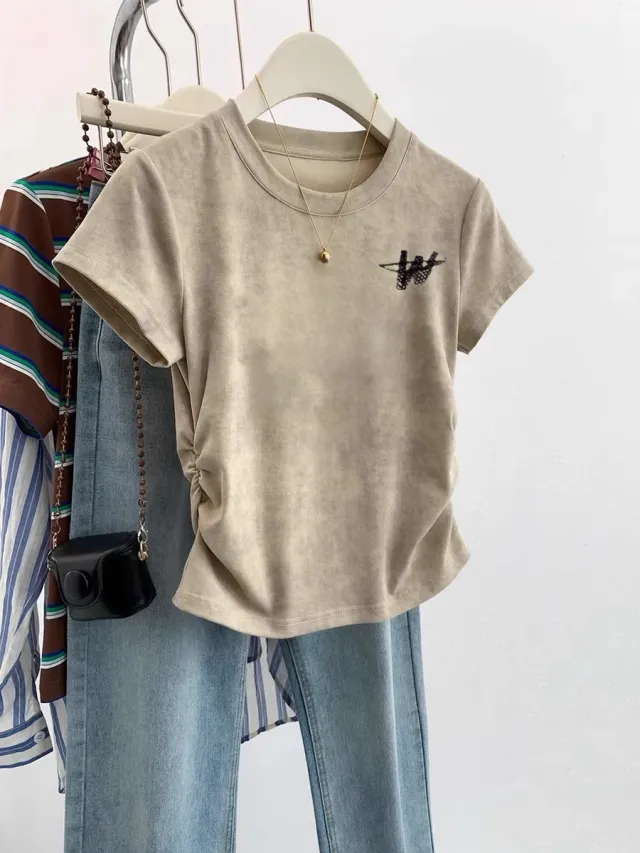 European Cargo Shoulder Tie dyed Short sleeved T shirt For Women Khaki W Letters - Shop at LoveMi