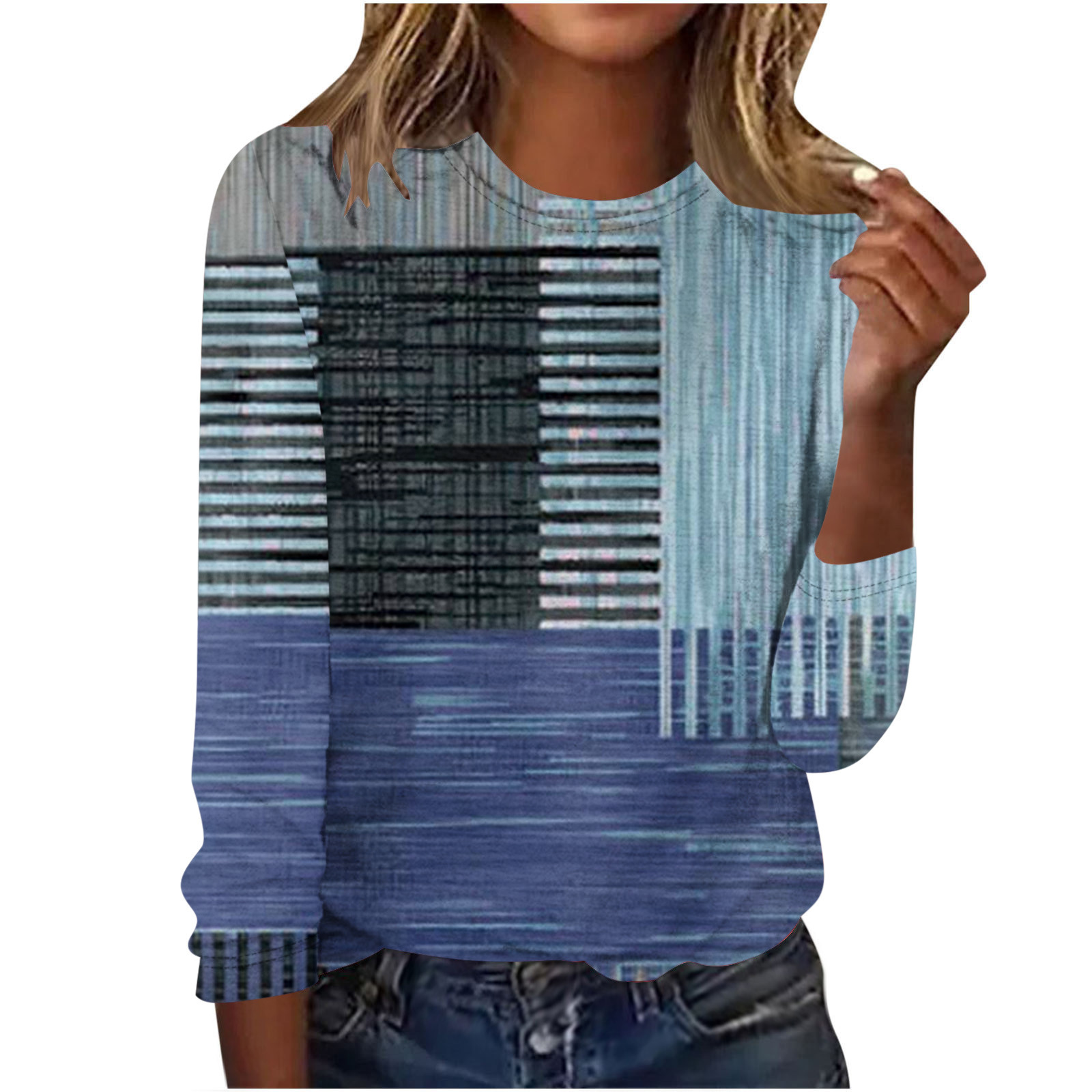 Women's Fashion Plaid Vintage Floral Print Long Sleeves Round Neck T-shirt