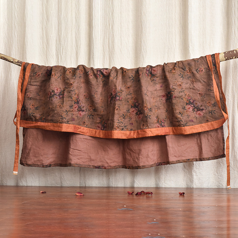 Retro High Waist Printing Crafts Linen Wrap Tie shoulder Floral Skirt Yellow Coffee - Shop at LoveMi