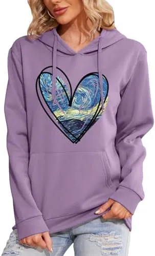 Women's Pattern Hoodie Heart Shape Printed Drawstring Pullover Top Lavender - Shop at LoveMi