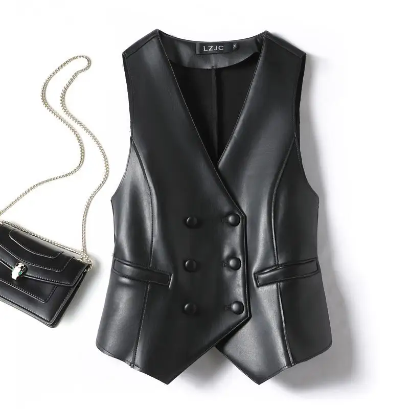 Leather Coat Western Style Double Breasted Vest Short Slim