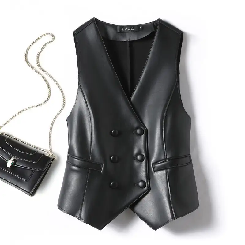 Leather Coat Western Style Double Breasted Vest